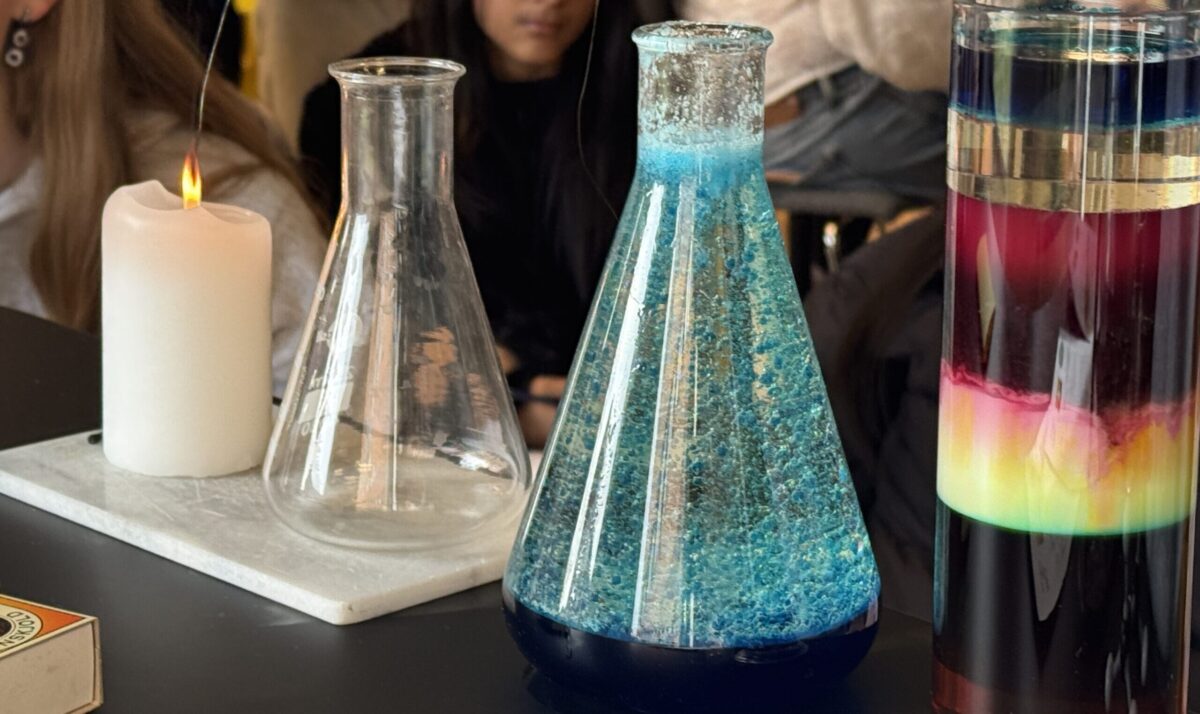 Reagensglas med forskellige farverige væsker i.